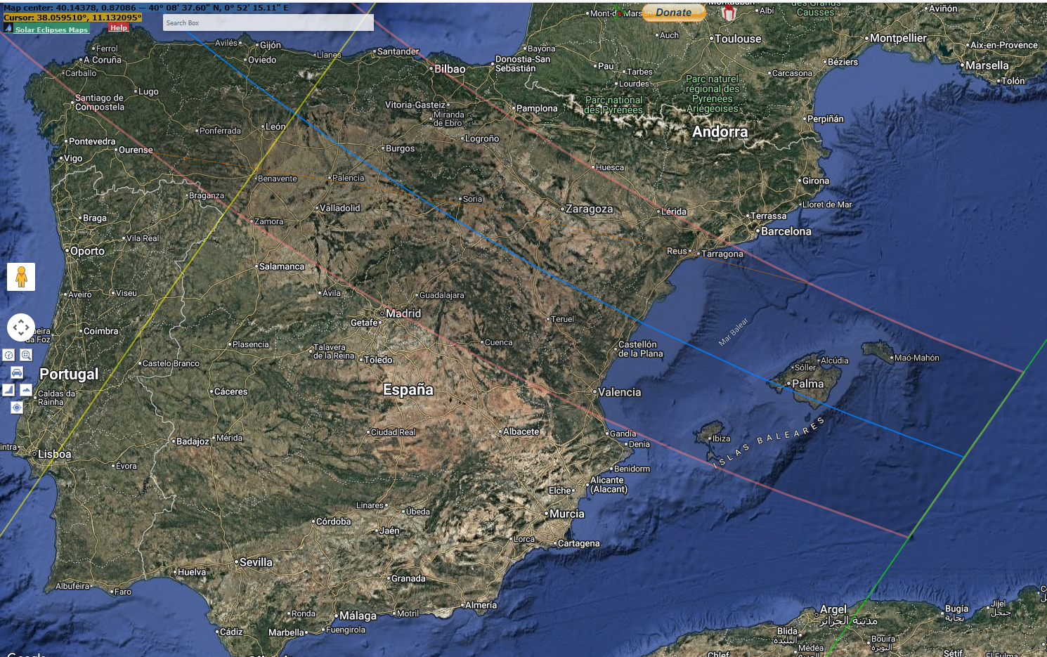 Captura de pantalla de la franja de totalidad del eclipse solar de 2026 centrada en la península Ibérica y las Islas Baleares