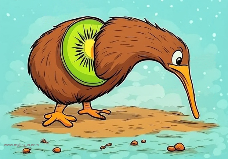 Imagen humorística de un kiwi (ave) con cuerpo de kiwi (fruta)